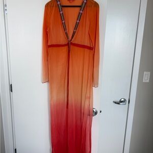 Hale Bob Cabana L Orange and Red Sheer Maxi Dress / swimsuit cover up